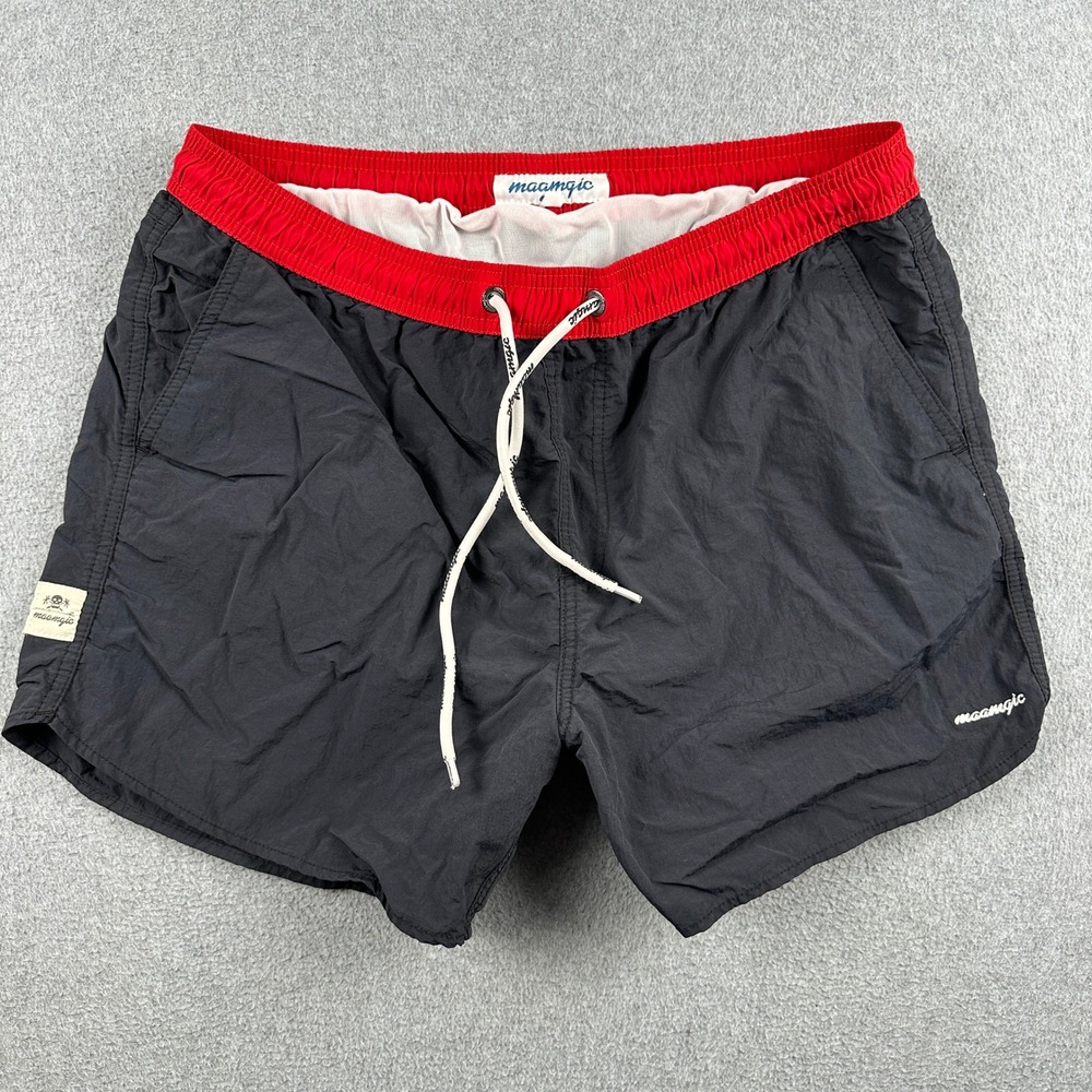 Maamgic Swim Trunks Mens L Black Red Contrast Waistband Mesh Lining Drawstring